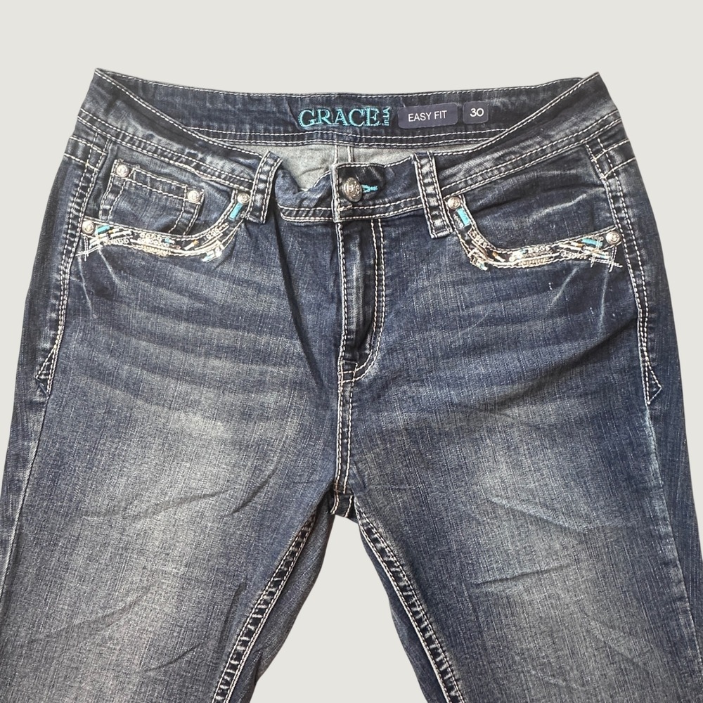 Grace in LA Jeans Womens 30 Easy Fit Blue EB61769 Embroidered Bootcut Denim